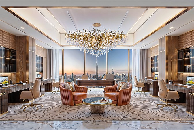 Luxury lounge with Burj Khalifa view at Bayz 102 by Danube Properties